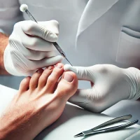 DALL·E 2025-06-19 19.10.23 - A close-up image showing a medical pedicure procedure. A professional wearing gloves is carefully treating a patient's foot using sterile tools. The s